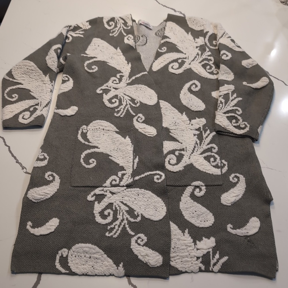 Womens Grey White Paisley Jacquard Open Front Cardigan Sweater Longline Pockets